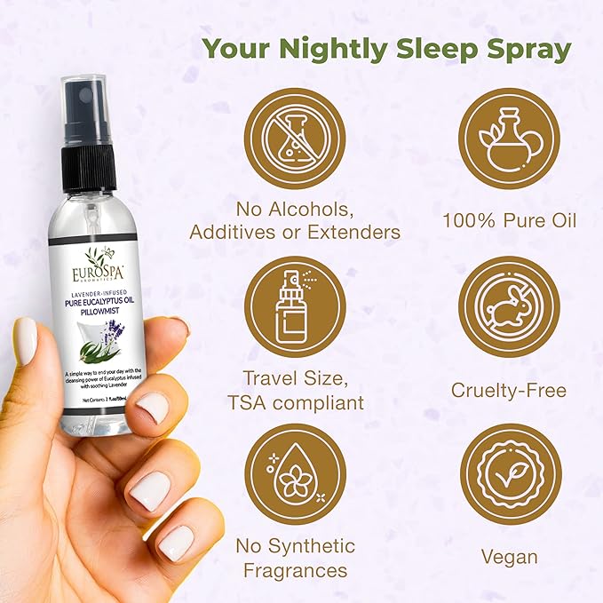 EuroSpa Aromatics Lavender-Infused Pure Eucalyptus Oil Pillow Mist Sleep Spray - 2oz