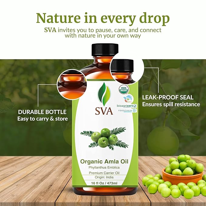 SVA Amla Oil Organic - 16 Fl Oz – 100% Natural Cold Pressed Organic Amla - for Face, Skin Care, Hair Care, Scalp Massage & Body Massage – Carrier Oil