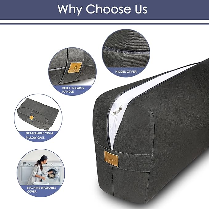 FelizMax Organic Buckwheat Bolster (24X10.5X5.5 in) Supportive Rectangular Meditation Pillow 100% Cotton Cover Yoga Pillow