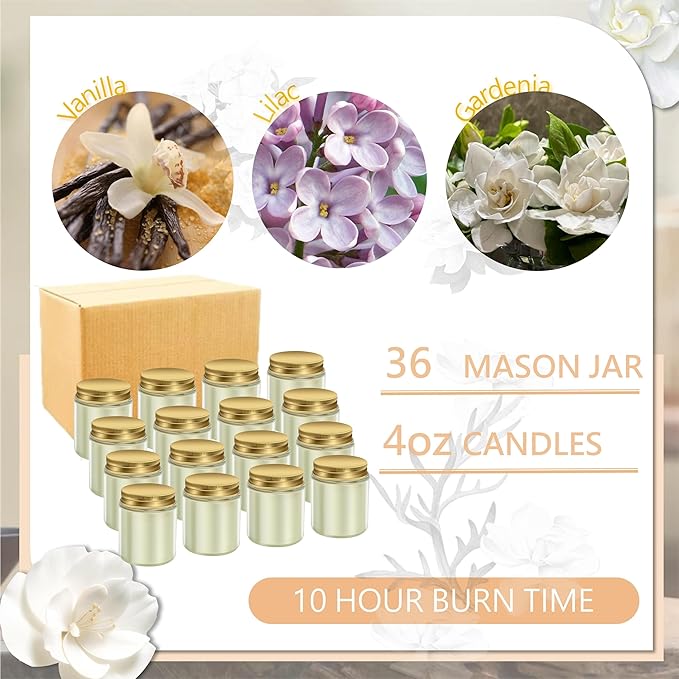 ACITHGL 36 Pcs 4oz Mini Mason Jar Candles Small Scented Candles Bulk Aromatherapy Ideal Souvenir Favors for Wedding Birthday Party (Vanilla, Lilac, Gardenia, Gold)