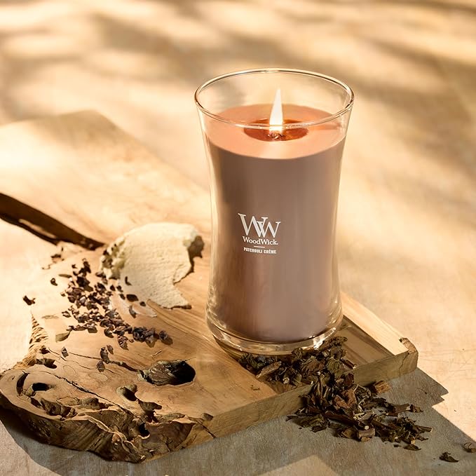 WoodWick Patchouli Crème Gifts for Women and Men, 21.5 oz Large Hourglass Candle with Crackling Wick