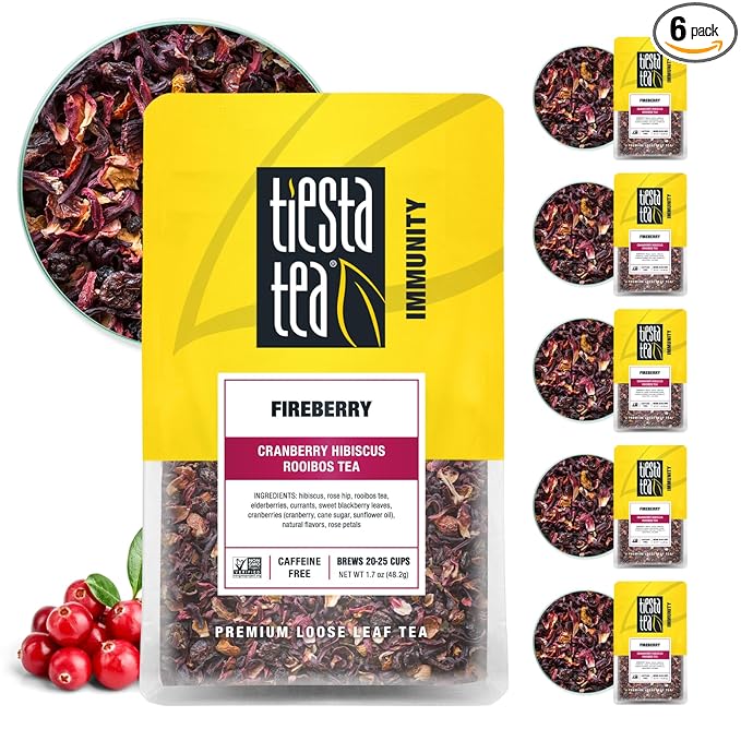 Tiesta Tea - Fireberry, Loose Leaf, Cranberry Hibiscus Rooibos Tea, Premium Non-Caffeinated Rooibos Blend, Make Hot or Iced & Brews Up to 25 Cups, 1.7oz Resealable Pouch, Pack of 6