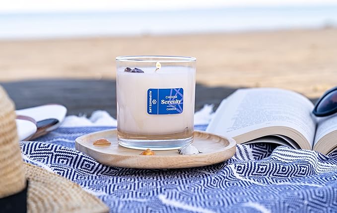 Luxury Glass Jar Candle, 8 OZ, Choose Serenity - Sodalite Crystal Infused - Scents of Grass, Cypress, Vanilla & Sandalwood - Calm, Peace, & Untroubled - Coconut Wax, Essential Oils