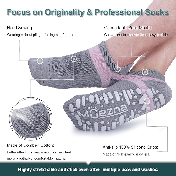 Muezna Non Slip Yoga Socks for Women, Anti-Skid Pilates, Barre, Hospital Socks with Grips, Size 5-10