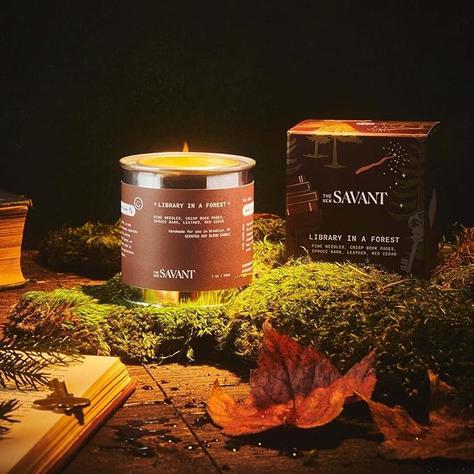 The New Savant Scented Candle - Library in a Forest - Aesthetic Bookish Candle for Home, Pine, Citrus, Patchouli & Leather, Soy Wax Blend, Vegan & Cruelty-Free, 50-Hour Burn Time - 7oz