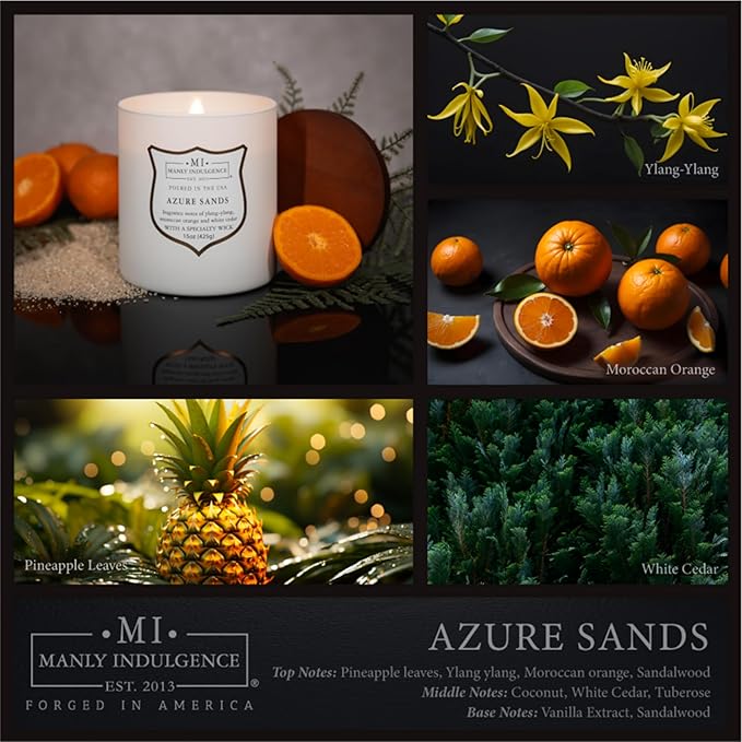 Manly Indulgence Azure Sands Scented Candles for Men, 15 oz Wooden Wick, Premium Soy Blend Wax, 60H Burn, Candles for Home Scented - Made in The USA
