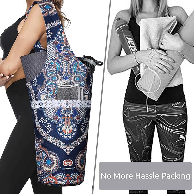 Fashion Printed Yoga Mat Bag with Large Side Pocket & Zipper Pocket Long Tote Yoga Bag Fit Most Size Mats - Holds More Yoga Accessories