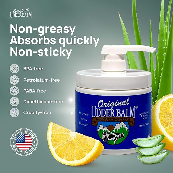 Original Udder Balm Pump Jar - Made in USA - Extra Thick Udder Cream & Hand Balm for Dry Skin, Cracked Heels, Rough Hands – Deep Moisture Heel Cream & Foot Moisturizer with Aloe Vera, 16 Fl Oz