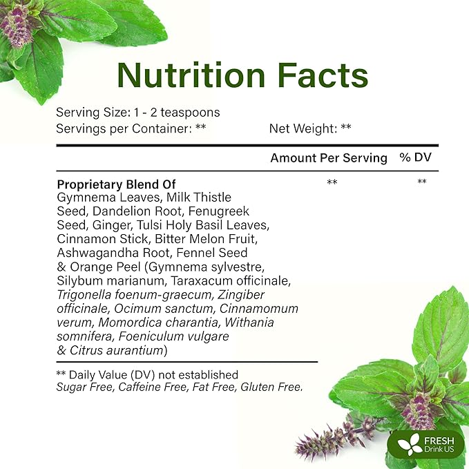 FreshDrinkUS, Glucose Functional Loose Leaf Tea | 4oz | Herbal Blend of Gymnema, Milk Thistle, Dandelion Root, Cinnamon & Ashwagandha – Naturally Caffeine-Free, Premium Quality, Balanced Flavor. Vegan