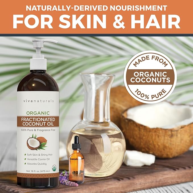 Viva Naturals Organic Fractionated Coconut Oil, 16 fl oz – Skin & Hair Moisturizer, Massage Oil, Carrier Oil for Essential Oils