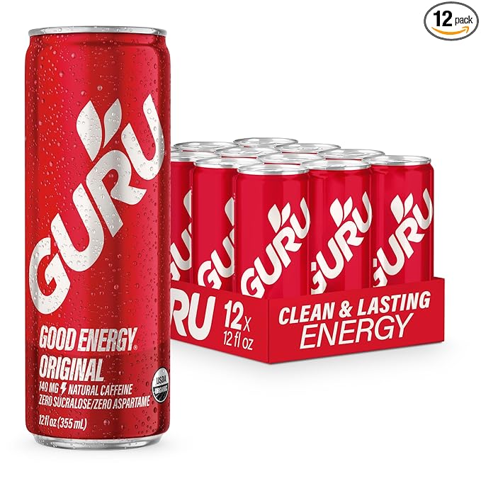 GURU Original Organic Energy Drinks, Clean Energy Drink with Plant Based Natural Caffeine from Green Tea, Gluten Free and Vegan, 140MG Caffeine, Healthy Drinks, 12oz (Pack of 12)