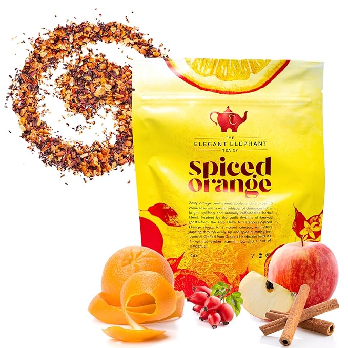 Spiced Orange Tea, Loose Leaf Herbal Tea – Sweet, Spicy, Caffeine-Free – Orange, Apple & Cinnamon Spice – Drink Hot or Iced – 4 oz Resealable Bag (Makes 50 Cups) – The Elegant Elephant