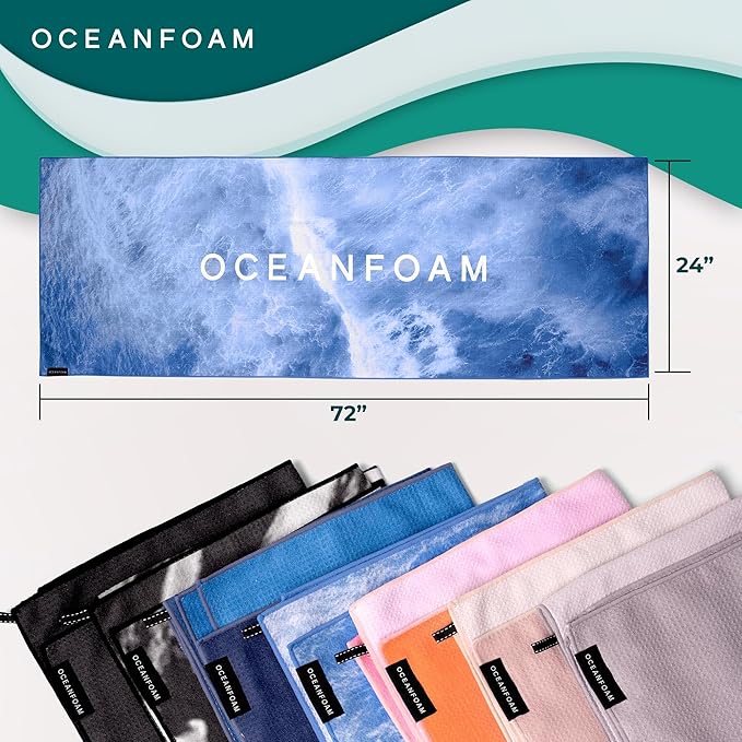 Oceanfoam Beach Towel – Lightweight, Absorbent, Quick-Drying, Sand-Resistant, Non-Slip – Ideal for Workouts, Yoga, Pilates, Beach, Pool, Boat & Travel – 25% Recycled – 72"x24" (Ocean)