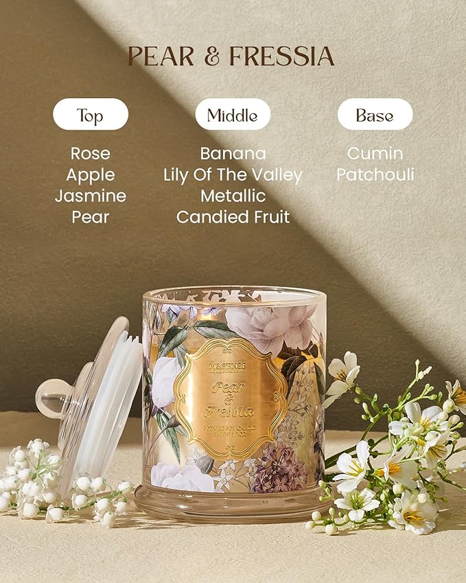 M&SENSE Pear Fressia Candles Home Scented, Organic Soy Candle 12.7oz 75 Hour Long Lasting Slow Burning, Spring Floral Fragrant Relaxing Aromatherapy Candle, Aaesthetic Candle Gift for Women
