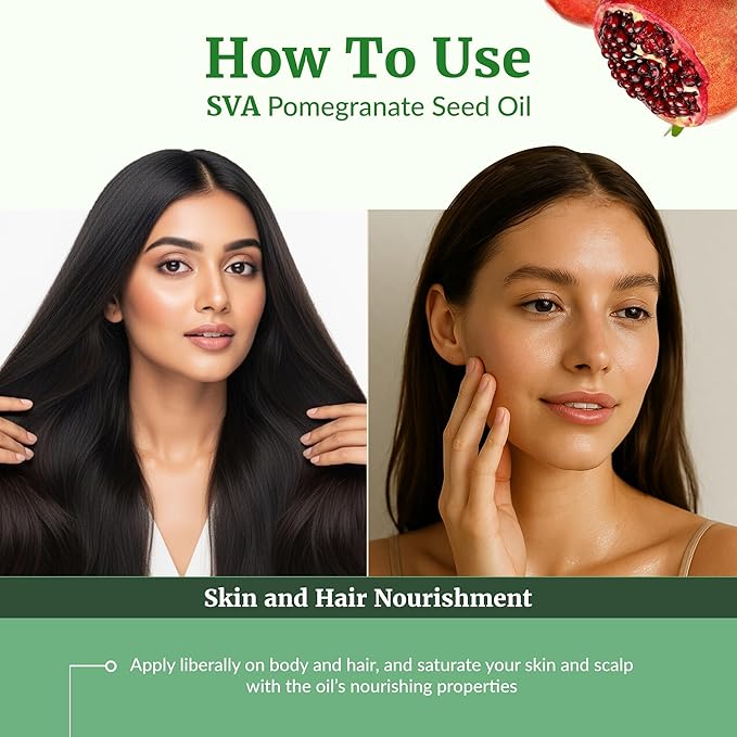 SVA Pomegranate Seed Organic - 4 Fl Oz – 100% Natural Cold Pressed Organic Pomegranate Oil - for Face, Skin Care, Hair Care, Scalp Massage & Body Massage – Carrier Oil with Dropper