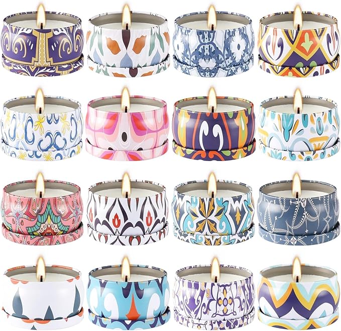 Scented Soy Wax Travel Tin Jar Candles - 2.5 OZ Gifts for Home, Mom - Christmas, Birthday, Thanksgiving, Mother's Day - 16 Pack
