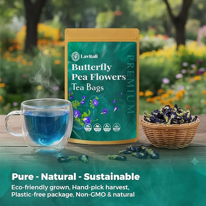 Lavitali, Butterfly Pea Flower Tea | 60 bags, 100% Pure Herbal Tea | Caffeine-Free, Antioxidant-Rich, Eco-Friendly Filter Bag | Daily Natural Botanical, Hot or Iced Floral Infusion