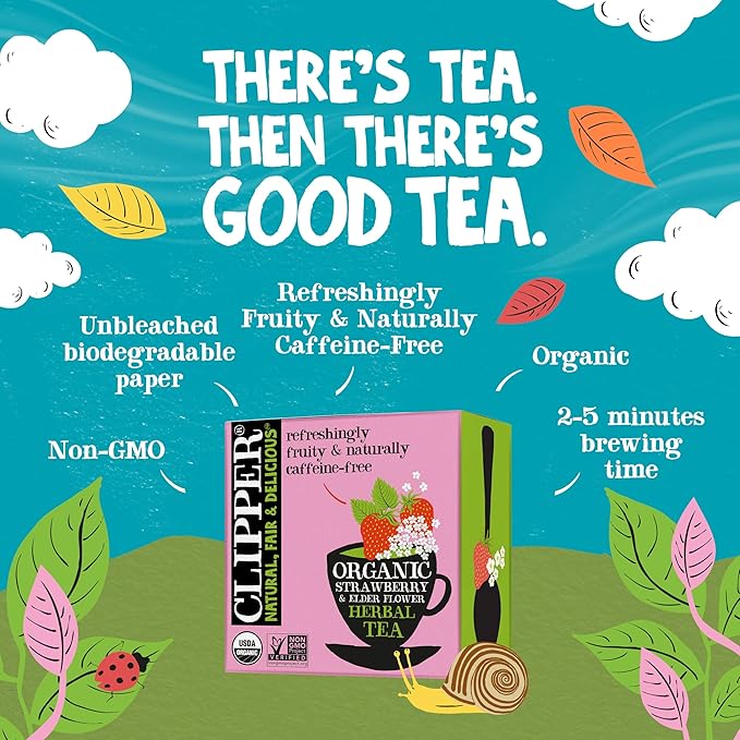 Clipper Tea Strawberry & Elderflower Herbal Tea – Caffeine Free, USDA Organic, Great Hot or Iced – Refreshingly Fruity, Natural, Fair & Delicious – 50 Tea Bags