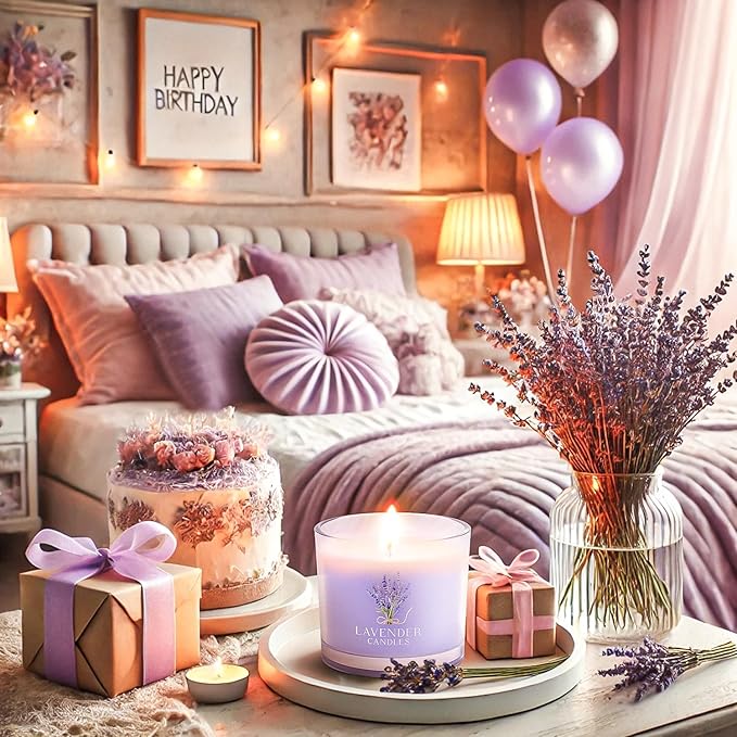 Lavender Candle, Scented Candles Gift Set for Stress Relief, 6 Votive Candles for Women and Men, Birthday Candle Gifts for Women, Christmas Candles for Women (Purple, 14 oz)