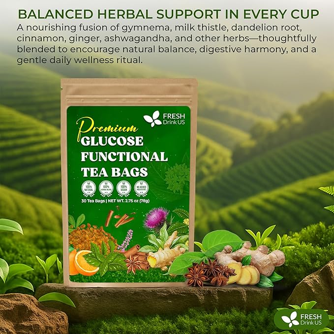 FreshDrinkUS, Premium 30 Tea Bags Glucose Functional Tea – Herbal Blend with Gymnema, Cinnamon, Bitter Melon, Tulsi & More –– Caffeine-Free. Sugar-Free. Gluten-Free. Vegan