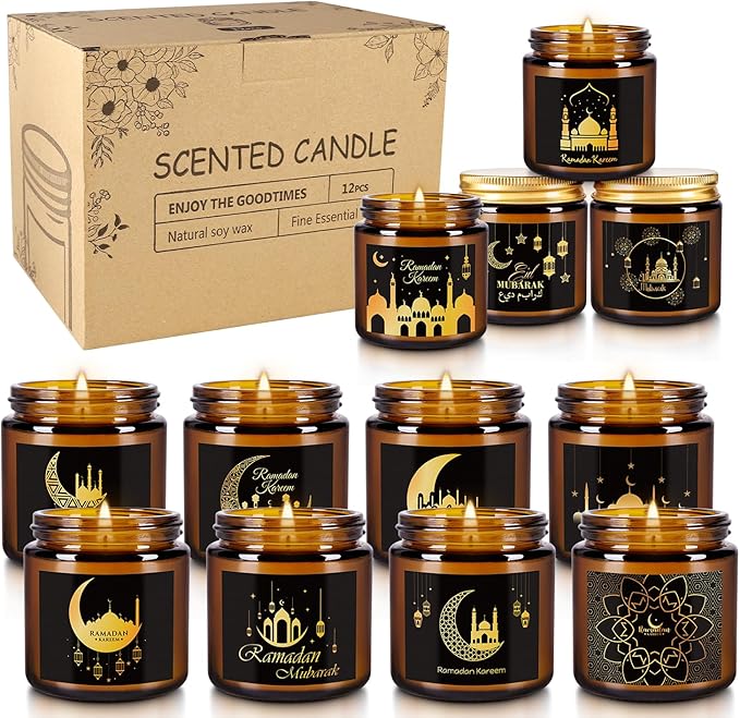 12 Pcs Ramadan Mubarak Scented Candle Set - Eid Candles for Home Decor, Aromatherapy Islamic Gifts for Women & Family, Mosque-Inspired Jar with Islamic Lanterns & Stars, Brown Soy Wax