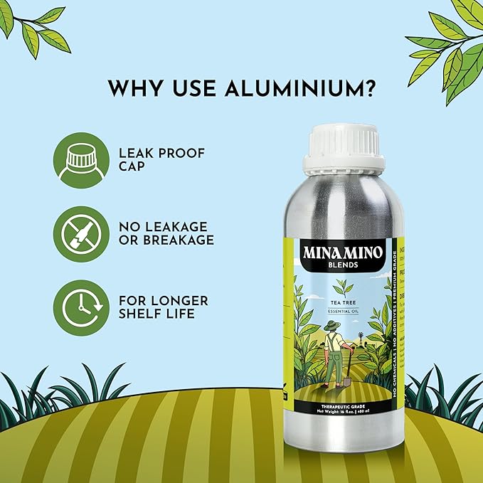 16 fl oz - Tea Tree Essential Oil (100% Pure & Natural) Large Aluminum Bottle for Aromatherapy, Diffuser, Candle & Soap Making - Minamino Blends