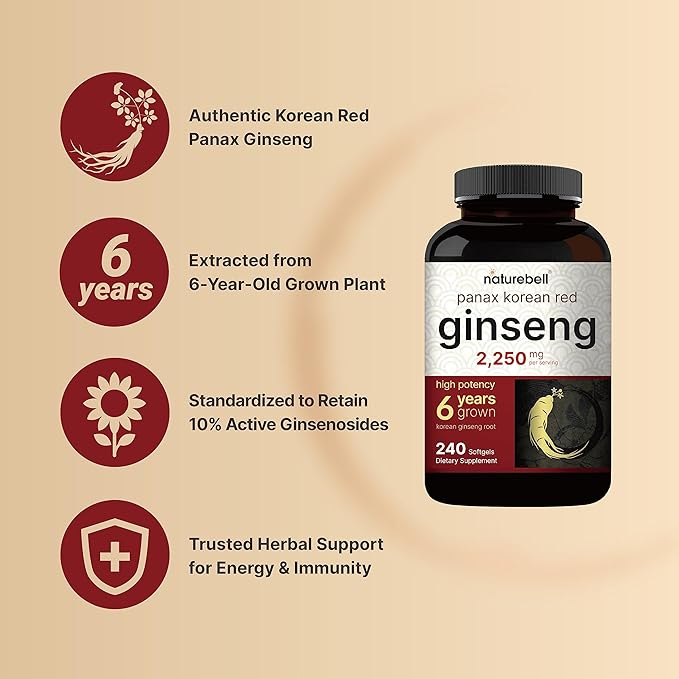 NatureBell Panax Korean Red Ginseng - 240 Softgels - 2,250mg High Strength Herbal Vitality Support* - Standardized 10% Ginsenosides from Six-Year-Old Ginseng Root - Energy & Immune Support*