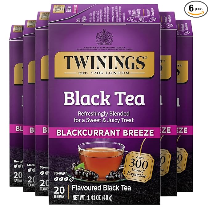 Twinings Blackcurrant Breeze Black Tea Individually Wrapped Bags, 20 Count (Pack of 6), Sweet, Tangy Taste, Caffeinated, Enjoy Hot or Iced, 120 Teabags