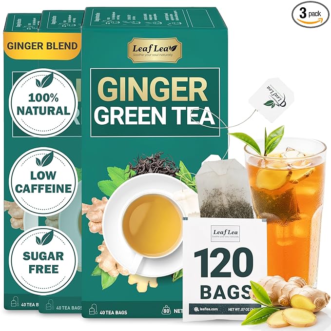 LeafLea Ginger Green Tea, 120 Tea Bags, Premium Green Tea Blend with Pure Ginger Root, Supports Digestive Wellness, Natural Flavor, Low Caffeine, Sugar-Free