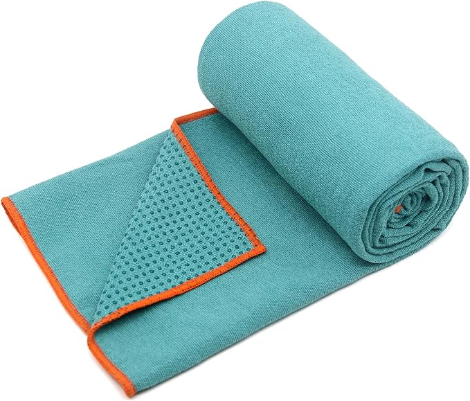 Eunzel Hot Yoga Towel - Microfiber Non Slip Yoga Mat Towel with Grip Dot Sweat Absorbent Towel for Hot Yoga, Pilates and Fitness 72" x 24", Dark Cyan/Orange