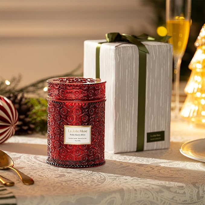 LA JOLIE MUSE Christmas Candle | Ruby Berry Bliss | Mandarin, Cranberry & Plum | 19 oz Soy Candle with Wooden Wick | 90-Hour Clean Burn | Holiday Winter Gift | Cozy Home Decor
