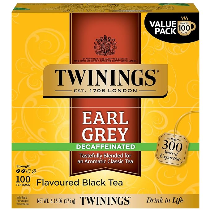 Twinings Decaffeinated Earl Grey Black Tea Individually Wrapped Bags, 100 Count (Pack of 1), Flavoured with Citrus and Bergamot, Enjoy Hot or Iced, 100 Teabags