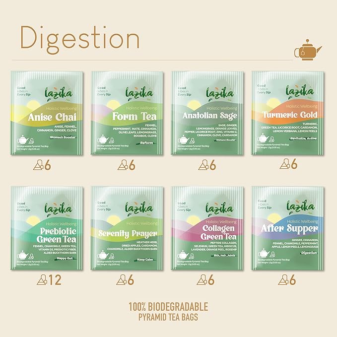 Lazika Herbal Tea Variety Pack with Lovely Presentation Box, 54 Counts Digestion Tea Assortment Gift Set, Premium Collection with Pyramid Infuser Bag, Handcrafted