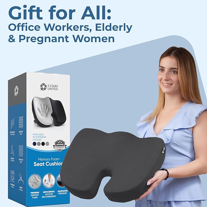 5 STARS UNITED Seat Cushion for Tailbone Pain Relief – Large Memory Foam Lifting Pillow for Coccyx, Hip, Sciatica & Post-Surgery Recovery – Wheelchair, Car, Desk, Gaming & Office Chairs, Dark Gray