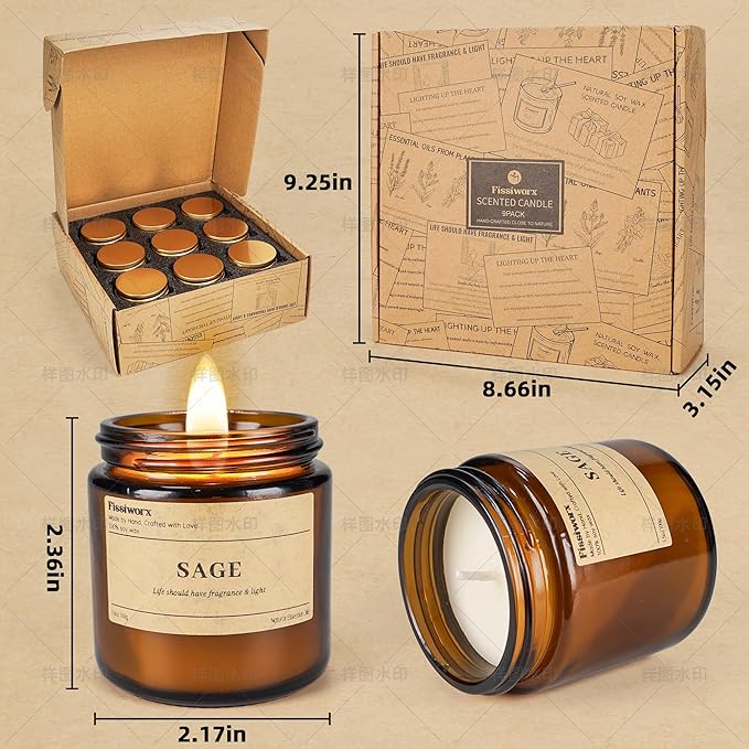 9 Pack Soy Candles for Home Scented | Grapefruit/Lemon Citrus/Bergamot Aromatherapy Candle Set in Amber Jar, Natural Scented Candles Gift for Women & Men, Birthday, Mother’s Day, Christmas