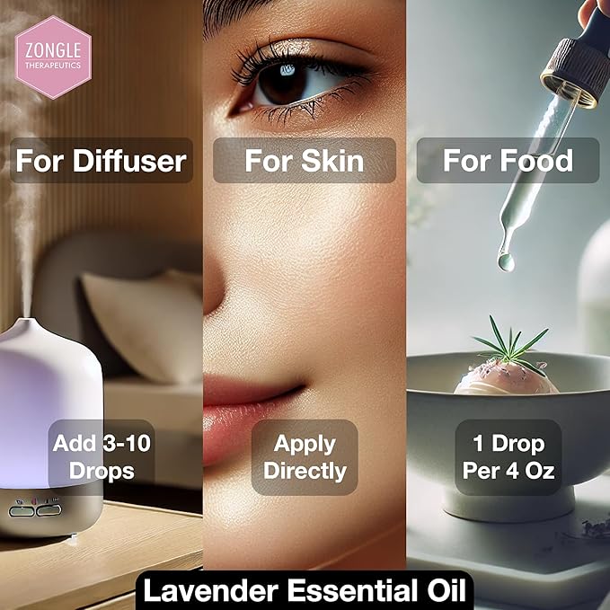 Organic, Lavender Essential Oil, Food Grade, for Drinks, Skin, Hair – 100% Pure, Lavender Oil, by Zongle Therapeutics, 1 OZ