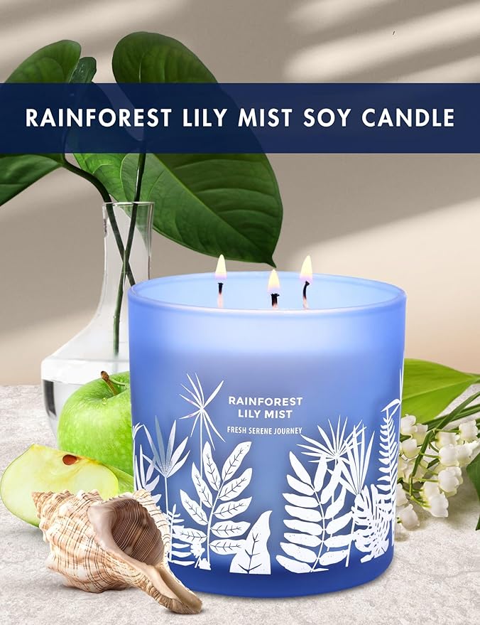 Rainforest Lily Mist 3-Wick Soy Scented Candle, 14.5 oz | Fresh Rain & Marine Scent with Jasmine, Apple, Lily & Cedar | Aromatherapy Candle for Home, Long-Lasting Clean Burn