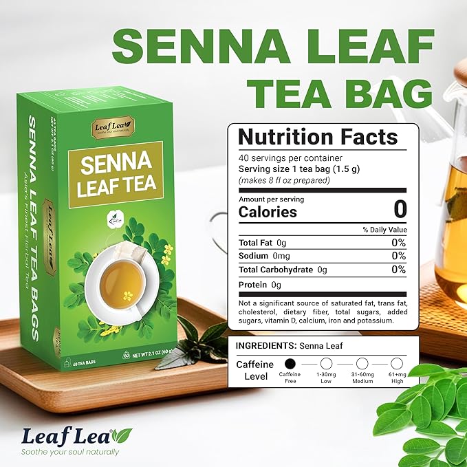 LeafLea 80 Senna Leaf Tea Bags – Natural Herbal Laxative Tea, Supports Gentle Constipation Relief & Healthy Digestion, Caffeine-Free, Sugar-Free, No Gluten, Non-GMO, Vegan, Individually Wrapped