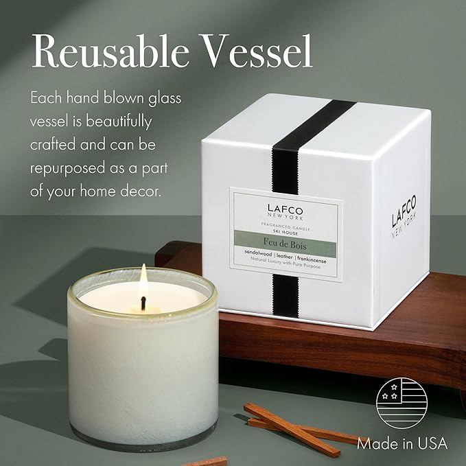 LAFCO New York Classic Candle, Feu de Bois - 6.5 oz - 50-Hour Burn Time - Reusable, Hand Blown Glass Vessel - Made in The USA