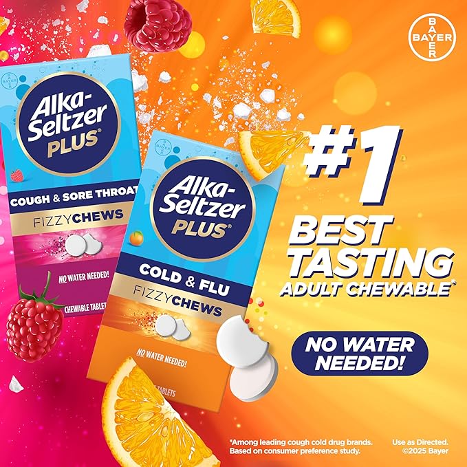 Alka-Seltzer Plus Cold & Flu FizzyChews, No Water Needed, On The Go Cold Medicine for Adults, Orange Flavor, 16 Count