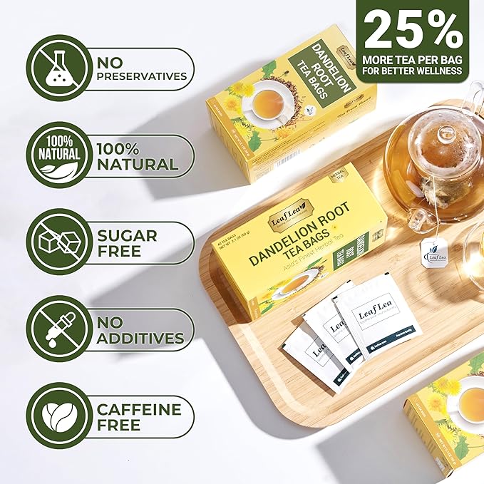 LeafLea Dandelion Root Tea Bags, 240 Count, Natural Dandelion Herbal Tea Blend, Natural Dried Dandelion Root, Caffeine-Free, Sugar-Free, Vegan, Sealed for Fresh Flavor, Pack of 6