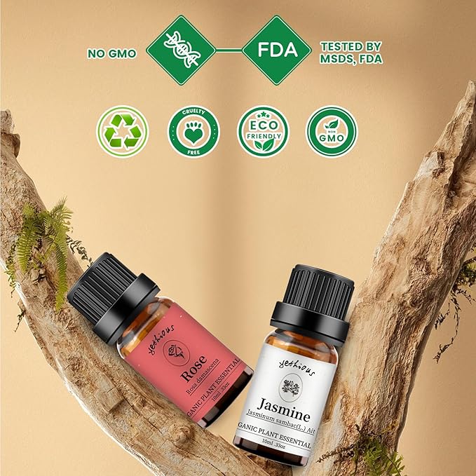 yethious Rose Essential Oil Jasmine Essential Oil for Diffuser, Hair, Skin, Body, Face, Perfume, Soap, Candle Making Rose Fragrance Oil Set Jasmine Oil Organic 2 X 10ML