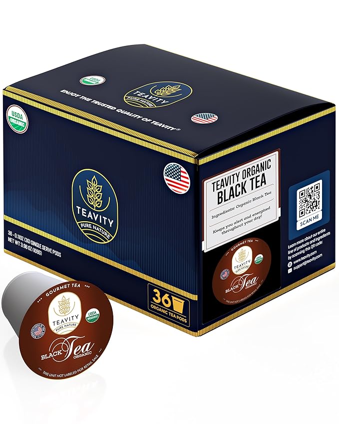 Teavity Organic Black Tea Pods for Keurig - Premium Unsweetened, Naturally Caffeinated Tea for KCup - Hot or Iced (36 Pods)