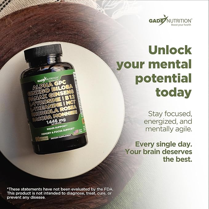 Gade Nutrition Alpha GPC + Ginkgo Biloba + Panax Ginseng + L- Tyrosine, L-Theanine, Bocopa Monnieri, Rhodiola Rosea, B12, MCT