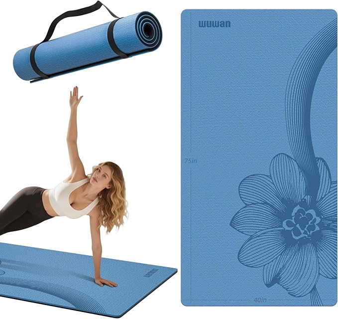 WUWAN Large Yoga Mat 76"x 40"x10mm (2/5 inch) – Extra Thick & Wide, TPE Fitness Mat, Printed Non-Slip Exercise Mat with Carrying Strap for Men & Women, Pilates, Stretching, Fitness & Workout