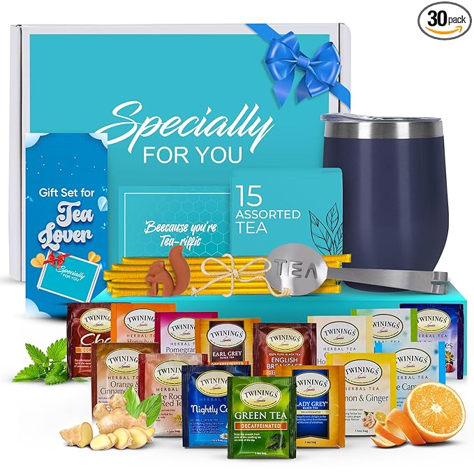 Tea Gift Sets for Tea Lovers Women and Men Tumbler 15 Unique Teas 10 Honey Straws (Decaffeinated)