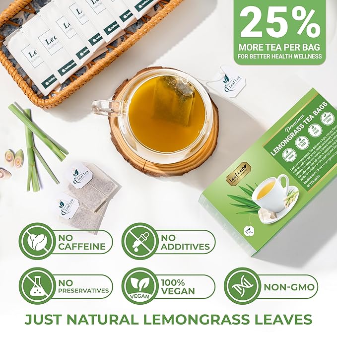 LeafLea Lemongrass Tea Bags, 40 Count, 100% Natural Lemongrass Leaves, Te Limon Grass, Te de Limoncillo Herbal Tea with Smooth Light Aroma, Sugar-Free, Caffeine-Free, Non-GMO, Vegan Friendly
