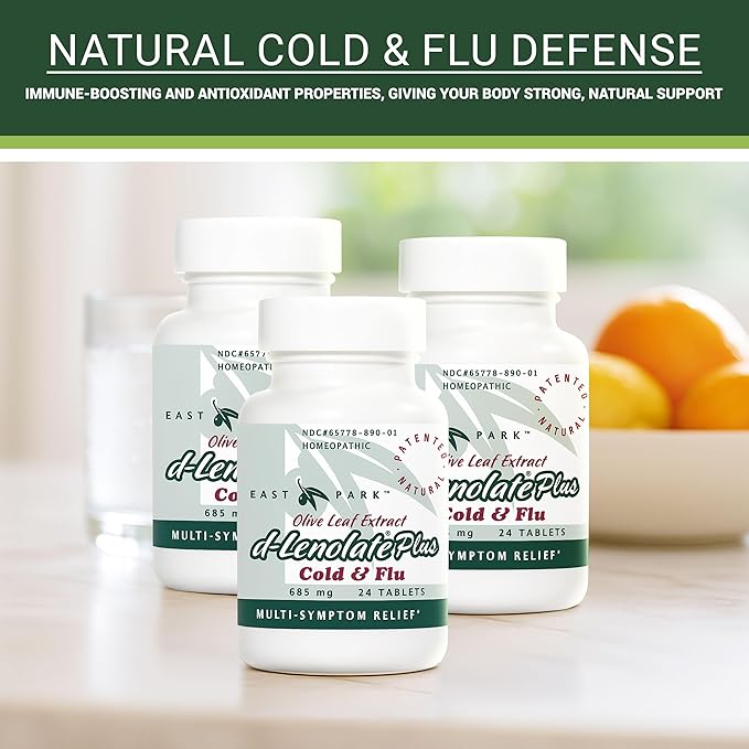 EAST PARK d-Lenolate Plus Cold & Flu Homeopathic Remedy for Adults & Kids | Immune System Booster with Olive Leaf Extract, Neem Leaf Extract & Echinacea | 625mg, 24 Tablets | Non-GMO (Pack of 3)