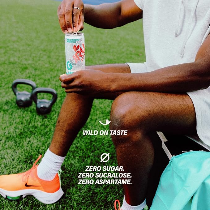 GURU ZERO SUGAR Wild Strawberry Watermelon Organic Energy Drinks, Clean Energy Drink with Plant Based Natural Caffeine from Green Tea, Coconut Water, Prebiotic, Zero Added sugars, Gluten Free and Vegan, Pre Workout, Healthy Drinks, 12oz (Pack of 24)
