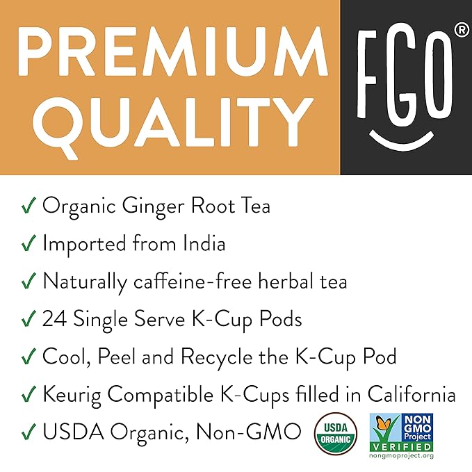 Organic Ginger Tea K-Cup Pods, 24 Pods by FGO - Compatible with Keurig - Naturally Caffeine-Free Herbal Tea, USDA Organic, Non-GMO, & Recyclable